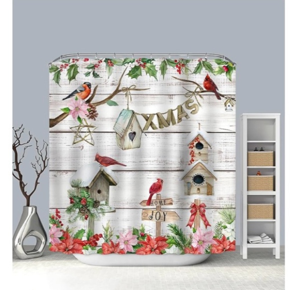 ✨🎄✨Festive Christmas Shower Curtain/Photo Backdrop with Birds and Birdhouses